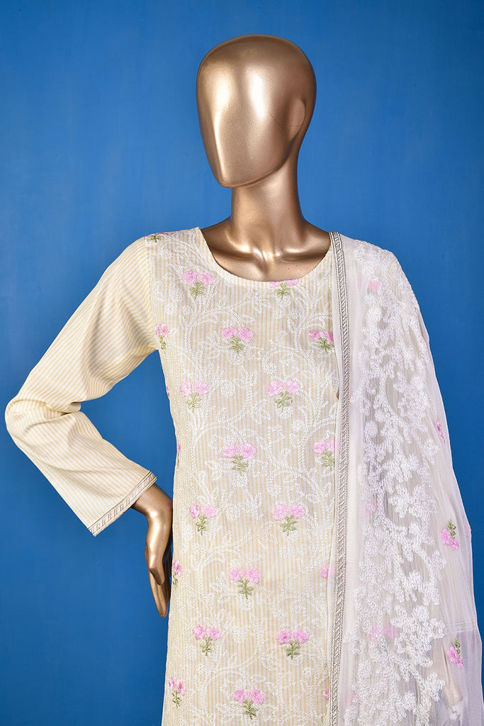 Ice Beauty (SC-26F-Cream) Embroidered & Printed Un-Stitched Cotton Dress With Embroidered Chiffon Dupatta