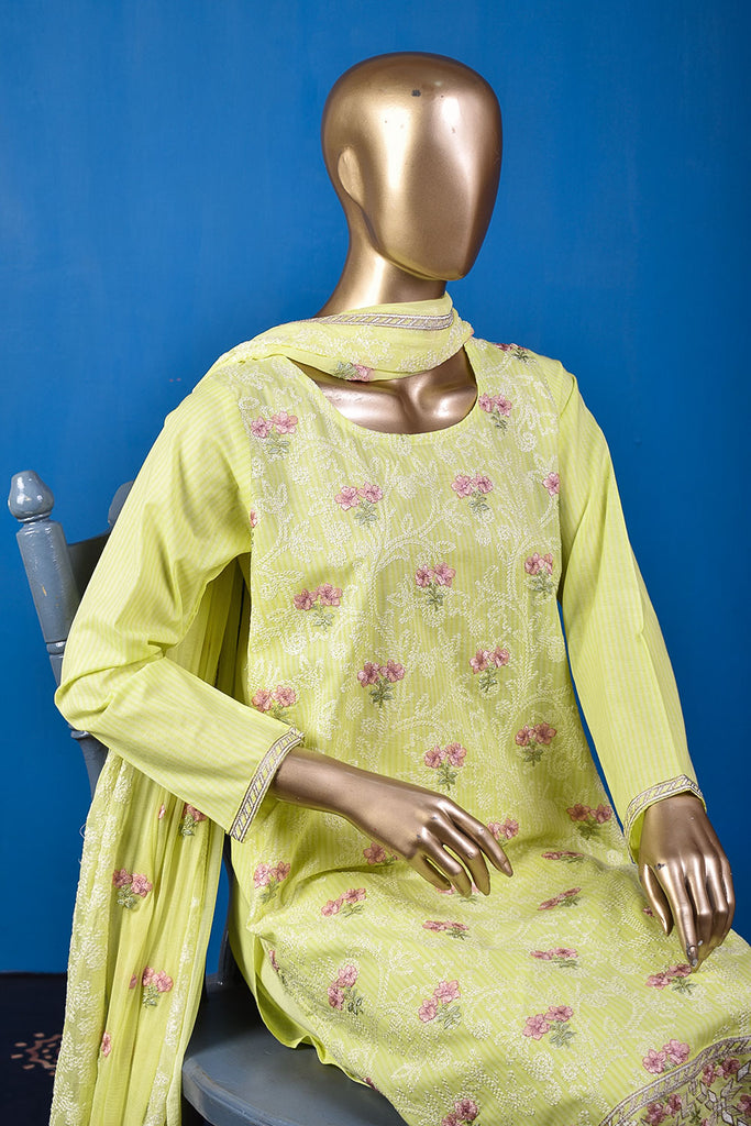 Ice Beauty (SC-26G-Lemon) Embroidered & Printed Un-Stitched Cotton Dress With Embroidered Chiffon Dupatta