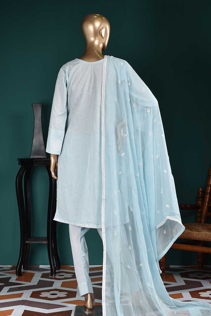 Ice Shade (SC-112A-SkyBlue) Embroidered & Printed Un-Stitched Cambric Dress With Embroidered Chiffon Dupatta