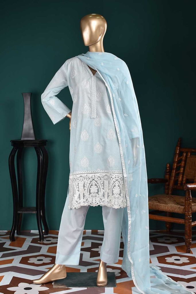 Ice Shade (SC-112A-SkyBlue) Embroidered & Printed Un-Stitched Cambric Dress With Embroidered Chiffon Dupatta
