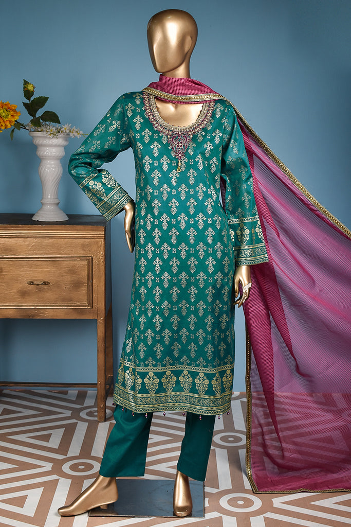 Ixora (FG-3A-Turquoise) - 3 Pc Unstitched Lawn Gold Print Collection with Fancy Dupatta