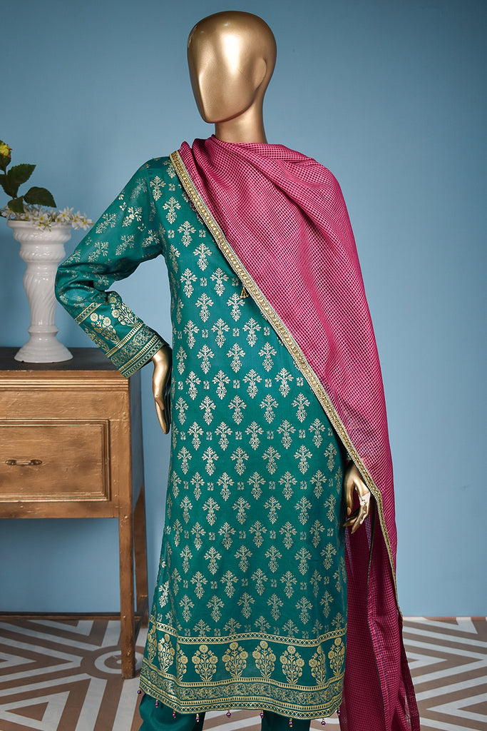 Ixora (FG-3A-Turquoise) - 3 Pc Unstitched Lawn Gold Print Collection with Fancy Dupatta