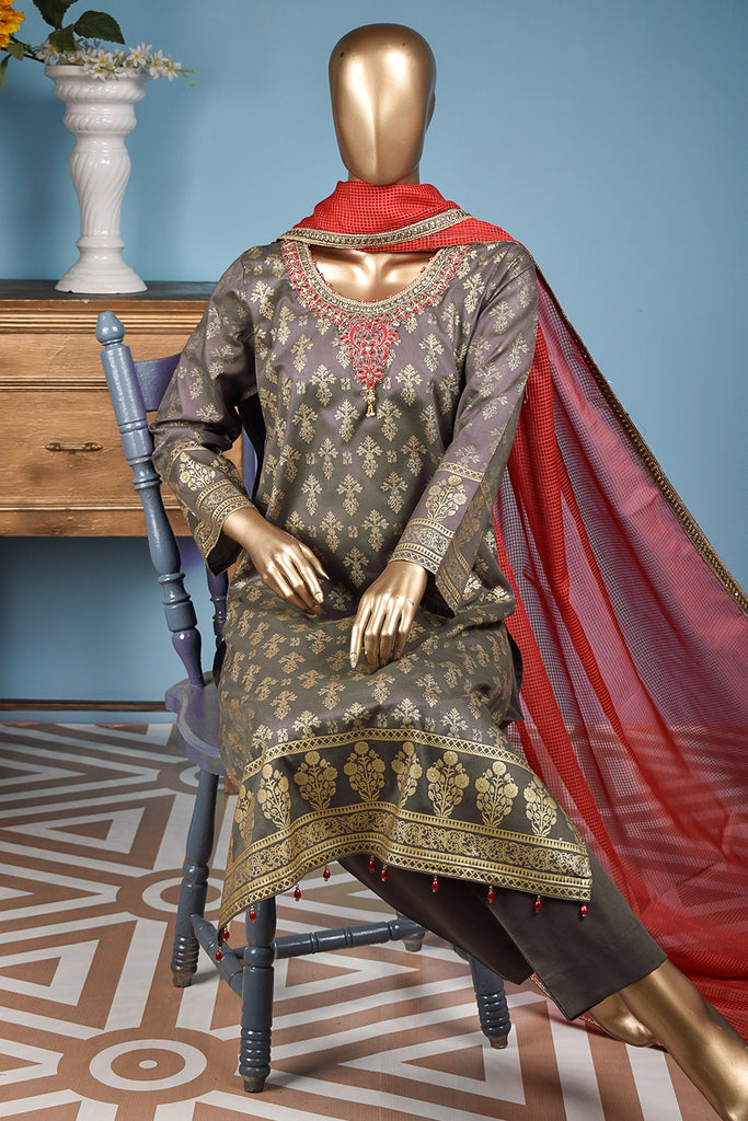 Ixora (FG-3B-LightBrown) - 3 Pc Unstitched Lawn Gold Print Collection with Fancy Dupatta