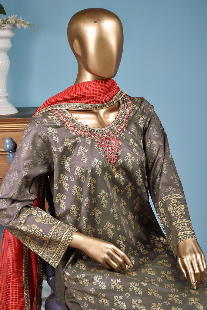 Ixora (FG-3B-LightBrown) - 3 Pc Unstitched Lawn Gold Print Collection with Fancy Dupatta