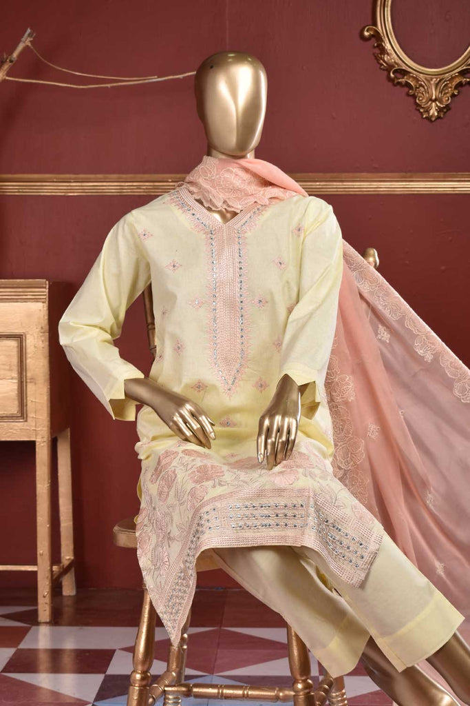 Japnees Fans (SC-107B-LightYellow) Embroidered & Printed Un-Stitched Cambric Dress With Embroidered Chiffon Dupatta