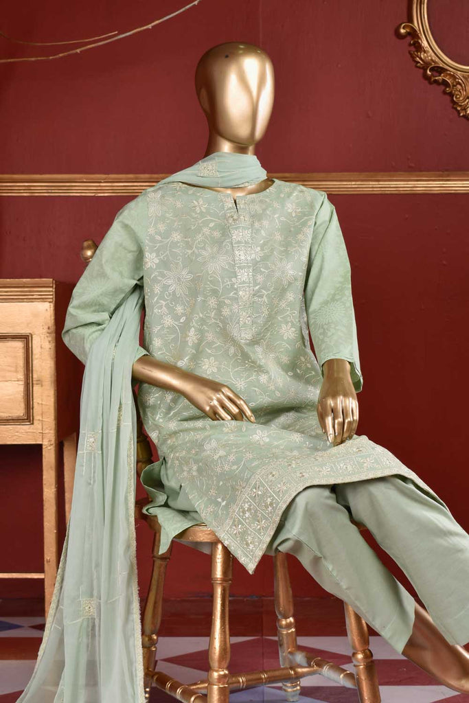 Jelly Fish (SC-109B-LightGreen) Embroidered & Printed Un-Stitched Cambric Dress With Embroidered Chiffon Dupatta