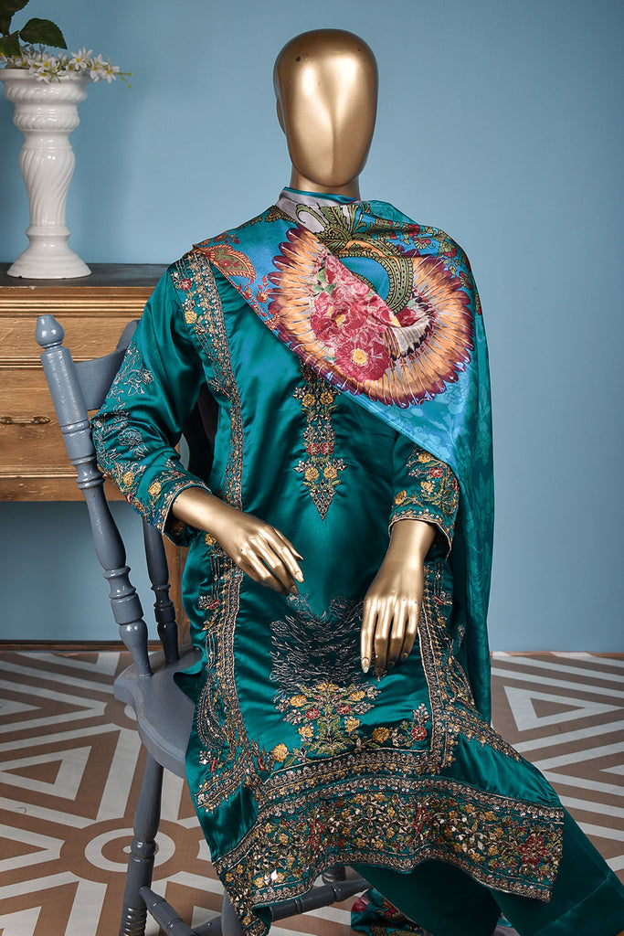 Jewel Lux (SSE-02B-Turquiose) - 3Pc Unstitched Silk Embroidered Shirt with Digital Printed Silk Dupatta and Silk Trouser