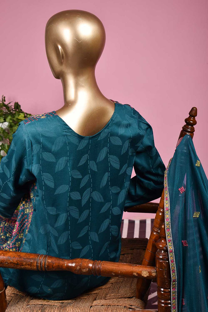 Jugnoo (SC-134B-Blue) Embroidered & Printed Un-Stitched Cambric Dress With Embroidered Chiffon Dupatta
