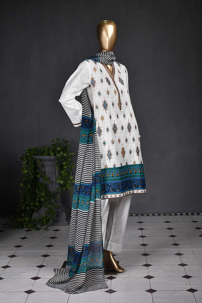 KARINA-(SC-105A-White) Embroidered Un-Stitched Cambric Dress With Printed Chiffon Dupatta
