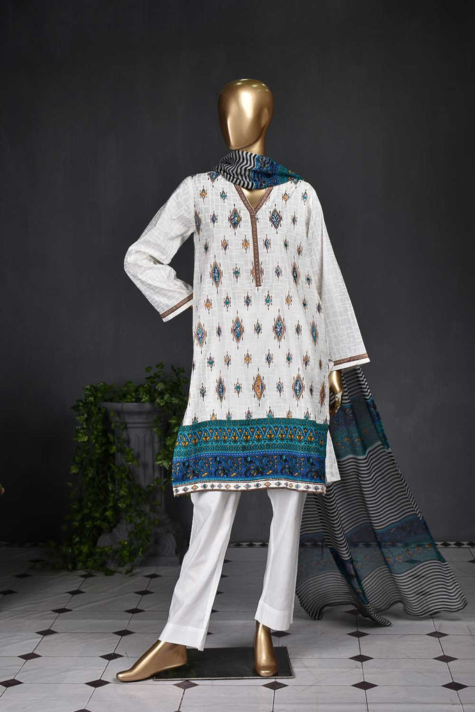 KARINA-(SC-105A-White) Embroidered Un-Stitched Cambric Dress With Printed Chiffon Dupatta