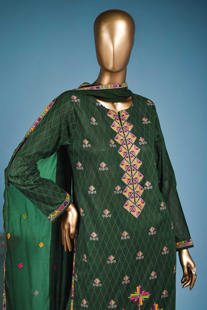 Lollypop (SC-147A-Green) Embroidered & Printed Un-Stitched Cotton Dress With Embroidered Chiffon Dupatta