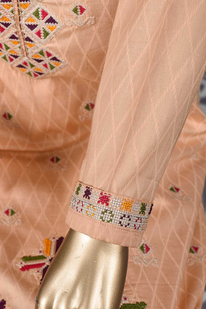 Lollypop (SC-147B-Peach) Embroidered & Printed Un-Stitched Cotton Dress With Embroidered Chiffon Dupatta