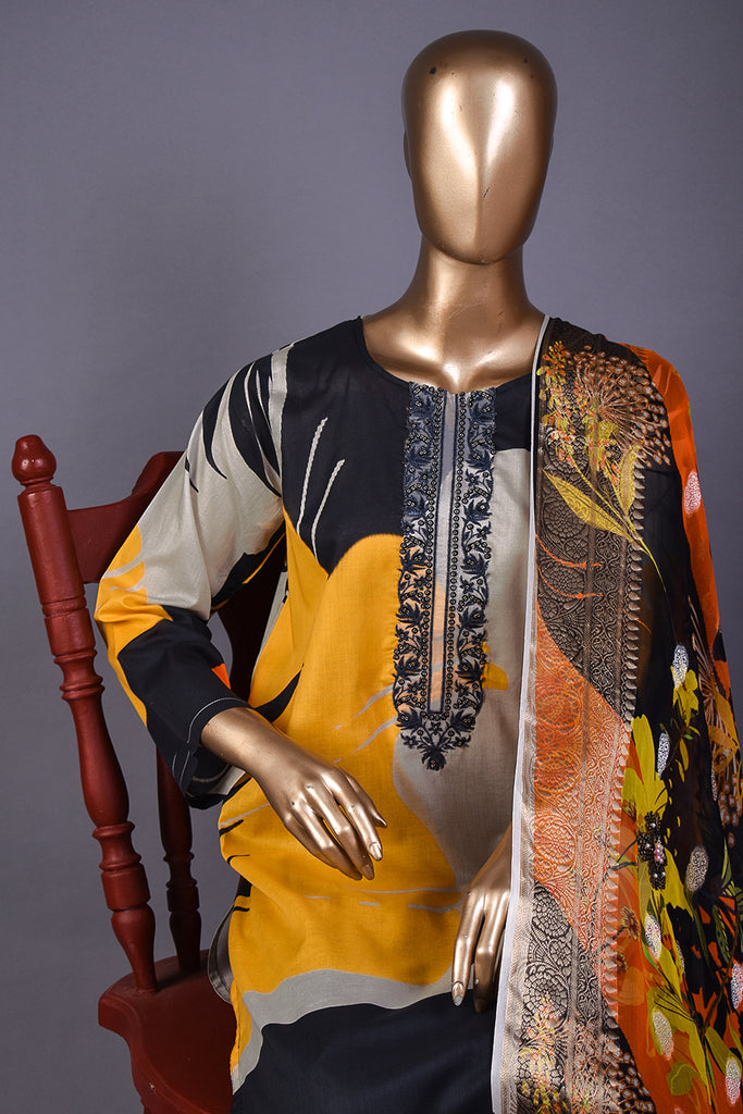 Lovely Festoon (NE2-02) - 3 Pc Unstitched Digital Embroidered Lawn Dress With Digital Bamber Chiffon Dupatta