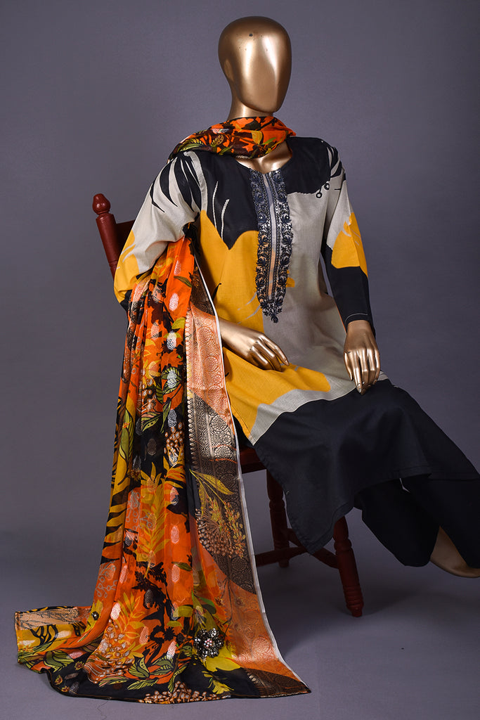 Lovely Festoon (NE2-02) - 3 Pc Unstitched Digital Embroidered Lawn Dress With Digital Bamber Chiffon Dupatta