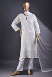 Prim Rigel (MG-03-White) - 3Pc Unstitched Cotton Chikankari Schiffli Dress With Cambric Trouser & Chiffon Dupatta with Lace & Moti Work