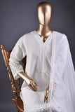 Aquila (MG-06-White) - 3Pc Unstitched Cotton Chikankari Schiffli Dress With Cambric Trouser & Chiffon Dupatta with Lace & Moti Work