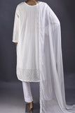 Betelgeuse (MG-2A-White) - 3Pc Unstitched Cotton Chikankari Schiffli Dress With Cambric Trouser & Chiffon Dupatta with Lace & Moti Work