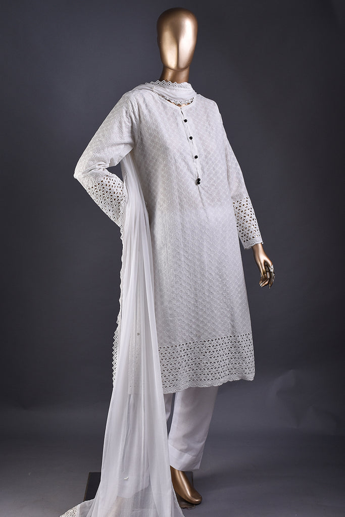 Betelgeuse (MG-2A-White) - 3Pc Unstitched Cotton Chikankari Schiffli Dress With Cambric Trouser & Chiffon Dupatta with Lace & Moti Work