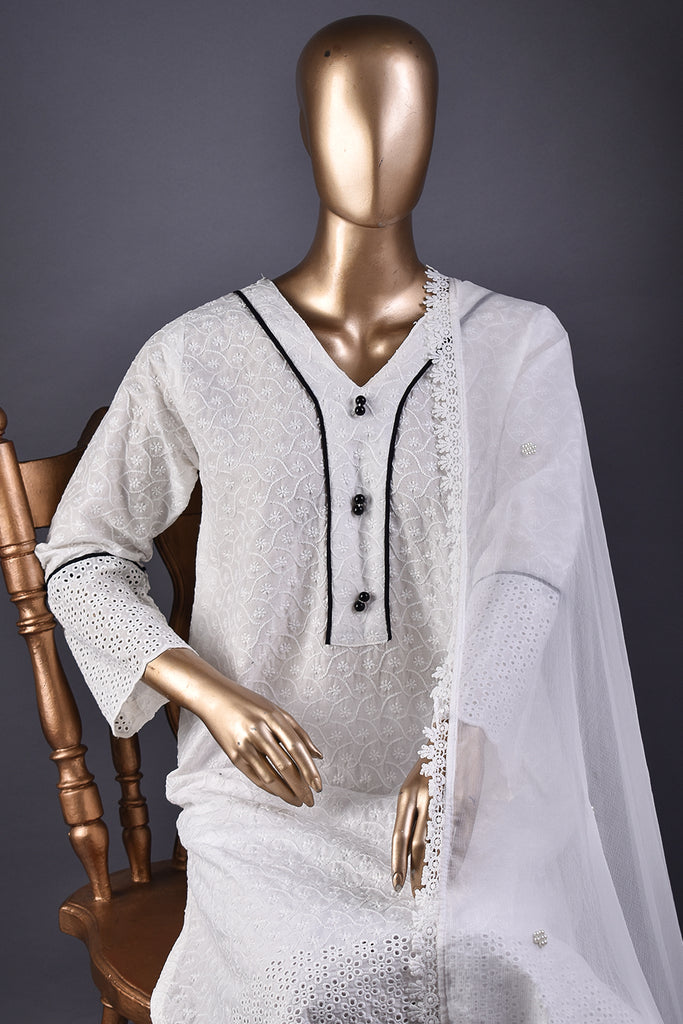 Aster (MG-5A-White) - 3Pc Unstitched Cotton Chikankari Schiffli Dress With Cambric Trouser & Chiffon Dupatta with Lace & Moti Work