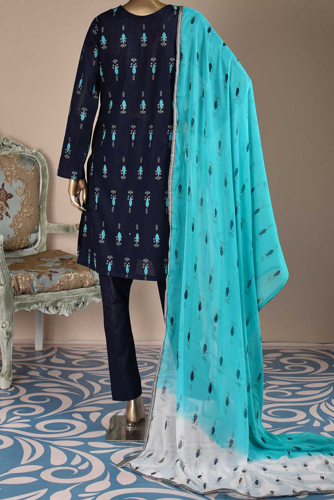 Magic Motif (SC-115A-NavyBlue) Embroidered & Printed Un-Stitched Cambric Dress With Embroidered Chiffon Dupatta