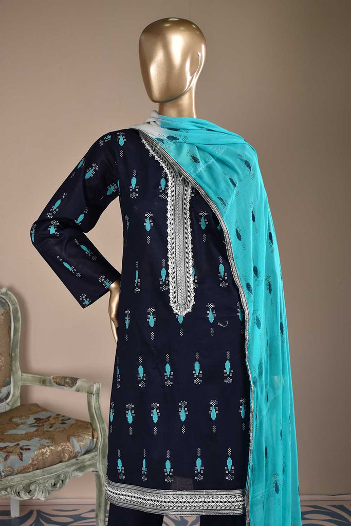 Magic Motif (SC-115A-NavyBlue) Embroidered & Printed Un-Stitched Cambric Dress With Embroidered Chiffon Dupatta