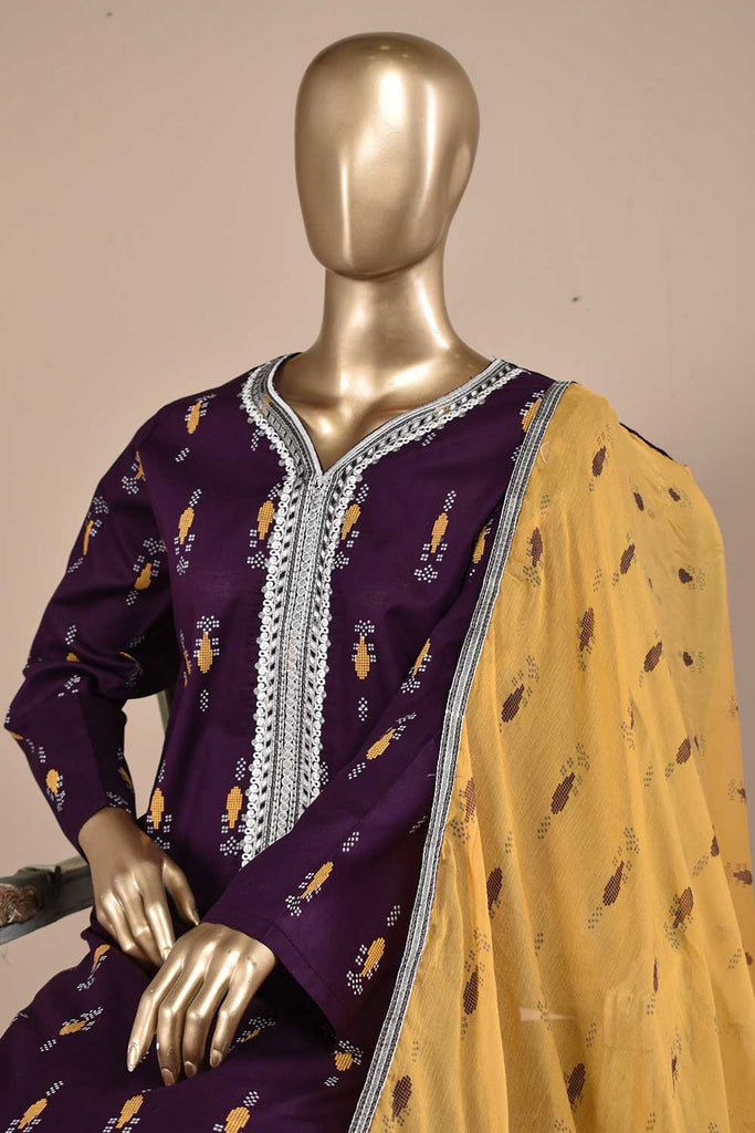 Magic Motif (SC-115B-Purple) Embroidered & Printed Un-Stitched Cambric Dress With Embroidered Chiffon Dupatta