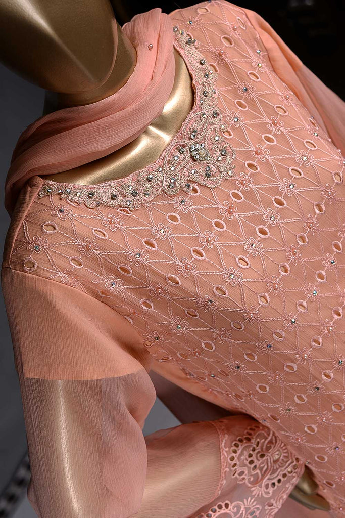 Majestic Horizon (F-49-Peach) - Chiffon Semi-stitched Embroidered Dress