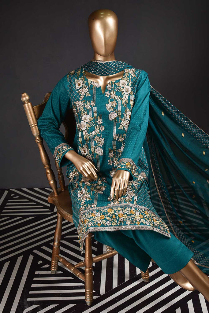 Majestic Wand (SC-124B-Blue) Embroidered & Printed Un-Stitched Cambric Dress With Embroidered Chiffon Dupatta