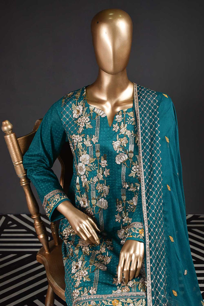 Majestic Wand (SC-124B-Blue) Embroidered & Printed Un-Stitched Cambric Dress With Embroidered Chiffon Dupatta