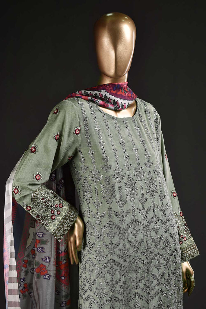 Mermaid (RS-04A-Green) Embroidered Un-Stitched Raw Silk Dress With Digital Silk Dupatta