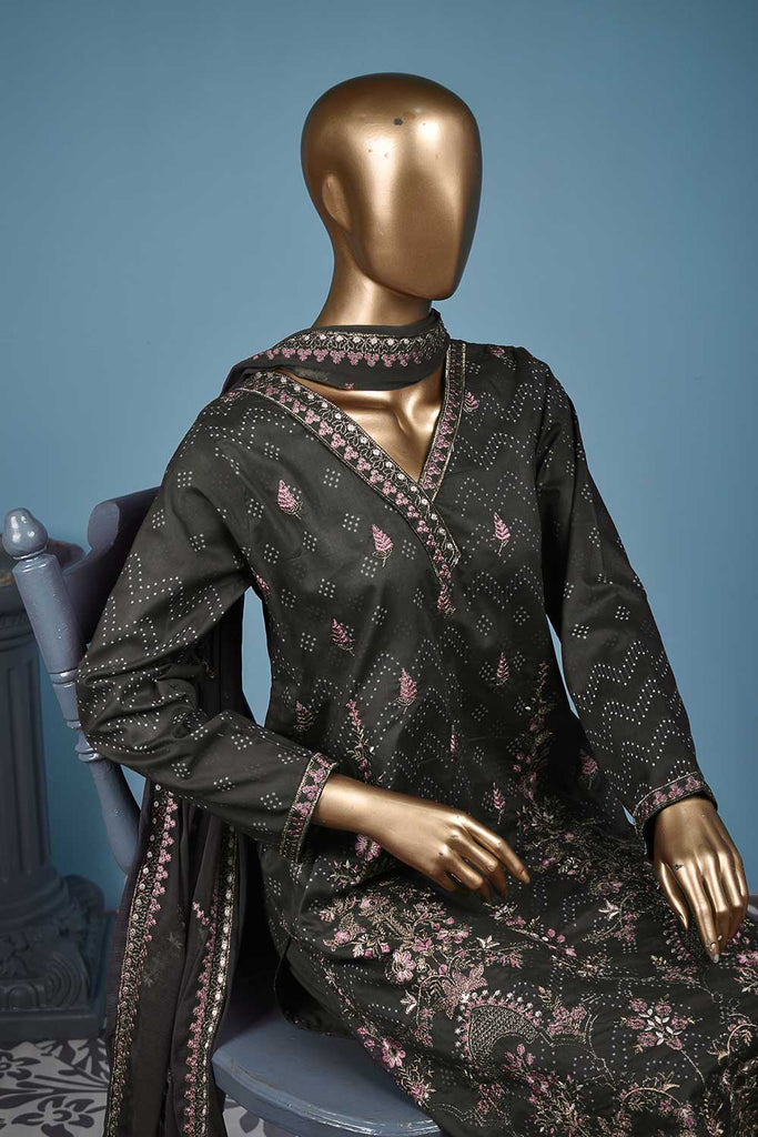 Minaar (SC-144B-Grey) Embroidered & Printed Un-Stitched Cotton Dress With Embroidered Chiffon Dupatta