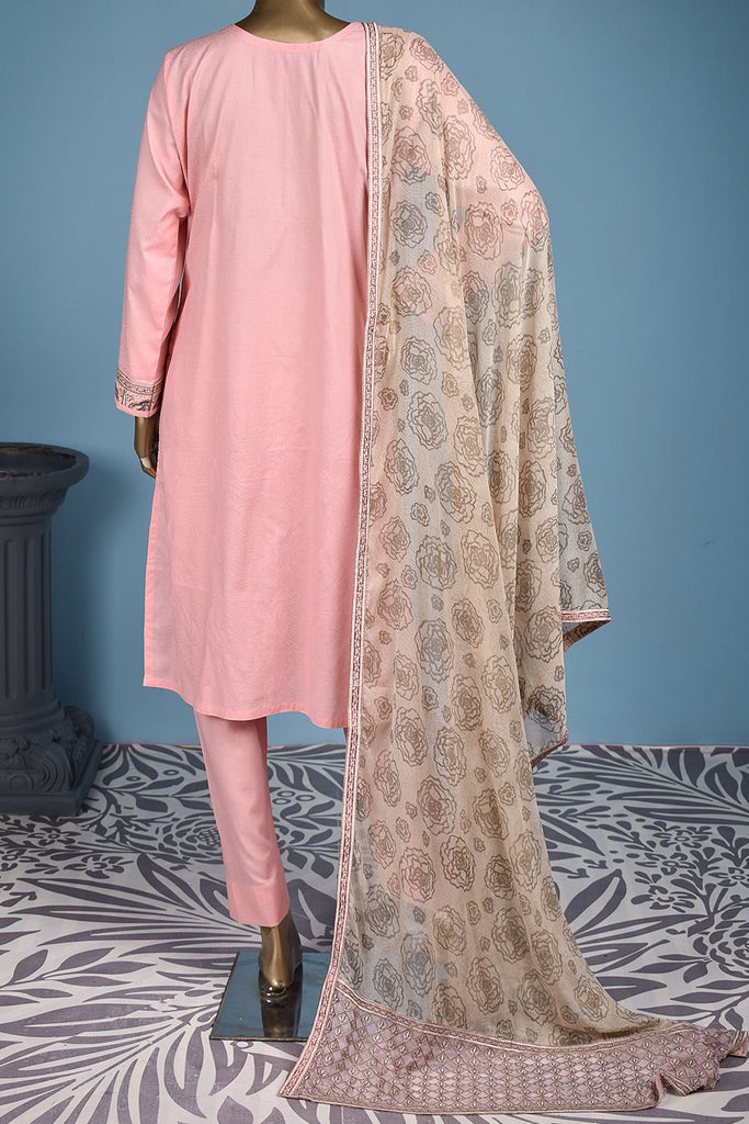 Mirror Beauty (SC-150A-Pink) Embroidered & Printed Un-Stitched Cotton Dress With Embroidered Chiffon Dupatta