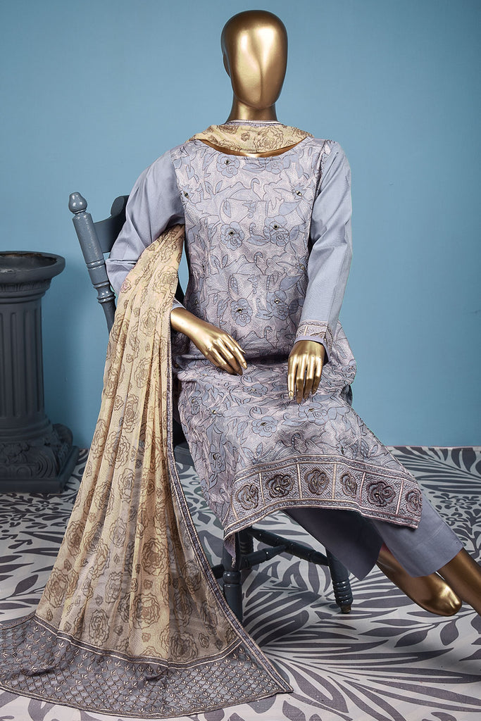 Mirror Beauty (SC-150B-Purple) Embroidered & Printed Un-Stitched Cotton Dress With Embroidered Chiffon Dupatta
