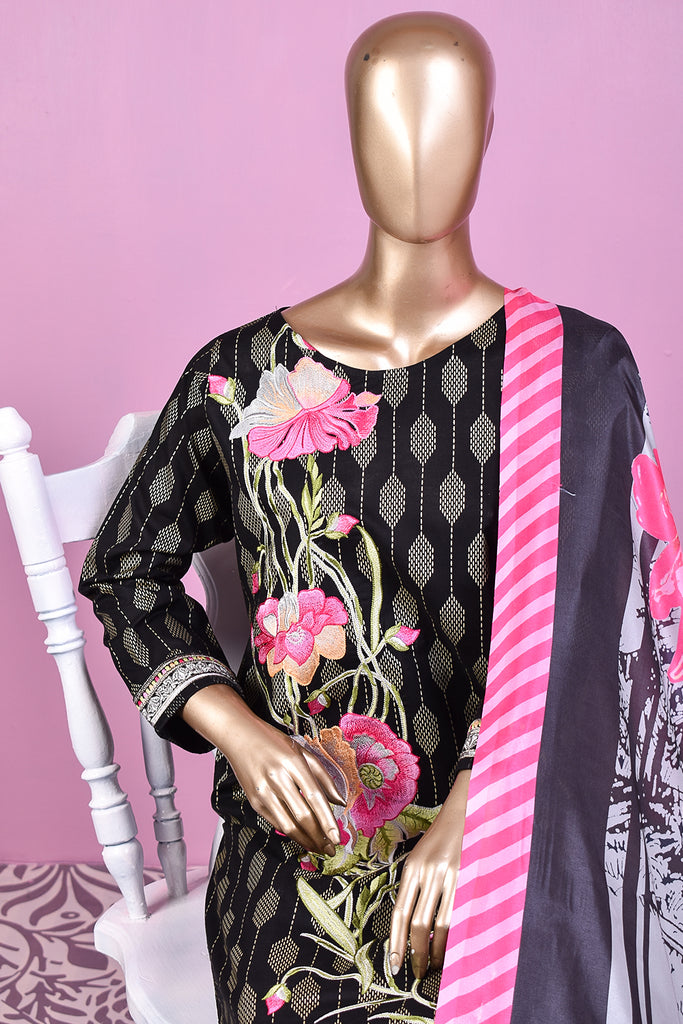 Missile Rosses (SC-160B-Black) Embroidered & Printed Un-Stitched Cotton Dress With Silk Digital Printed Dupatta