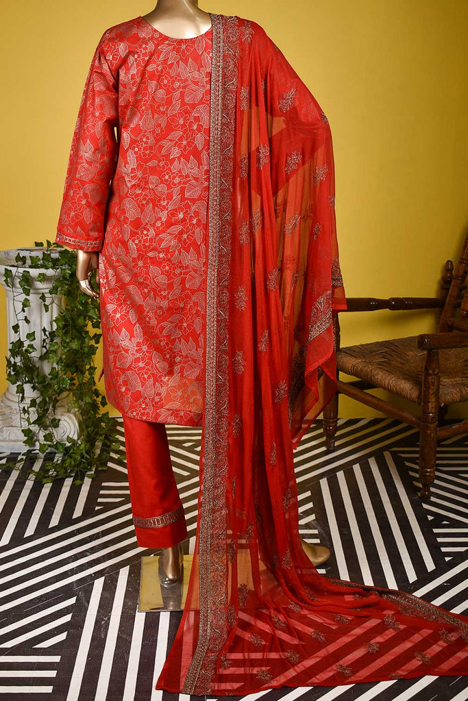 Monarch Gold (SC-129A-Red) Embroidered & Printed Un-Stitched Cambric Dress With Embroidered Chiffon Dupatta