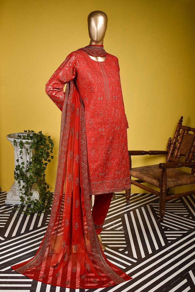Monarch Gold (SC-129A-Red) Embroidered & Printed Un-Stitched Cambric Dress With Embroidered Chiffon Dupatta