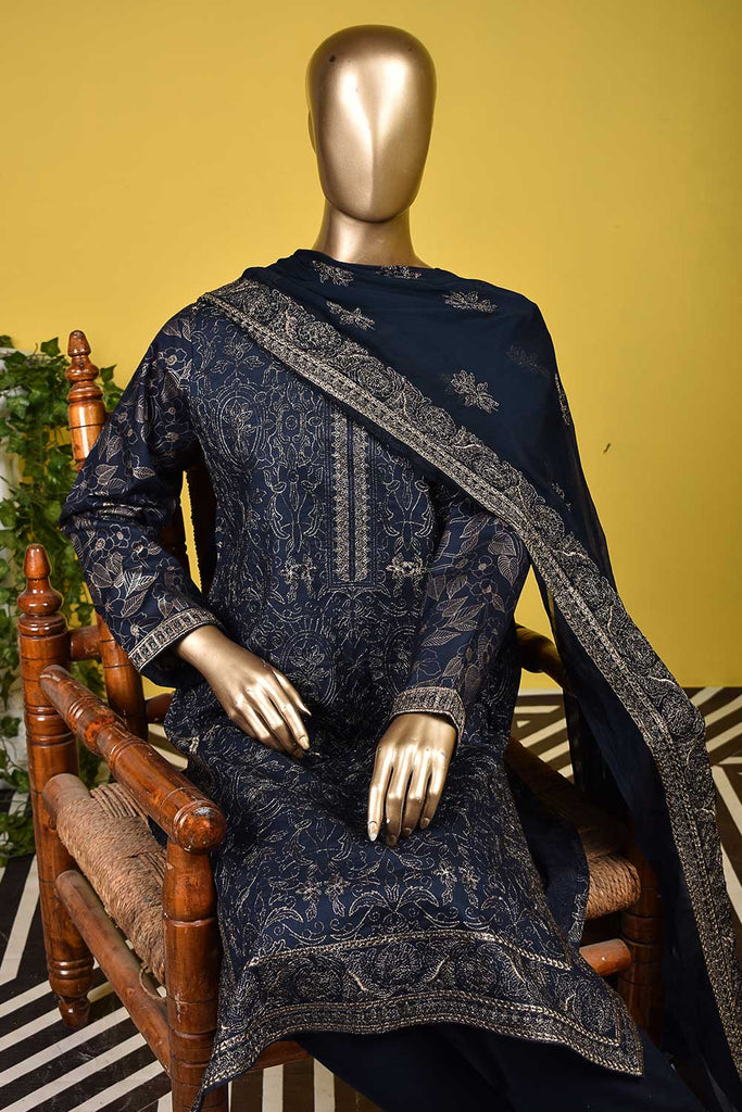 Monarch Gold (SC-129B-Blue) Embroidered & Printed Un-Stitched Cambric Dress With Embroidered Chiffon Dupatta