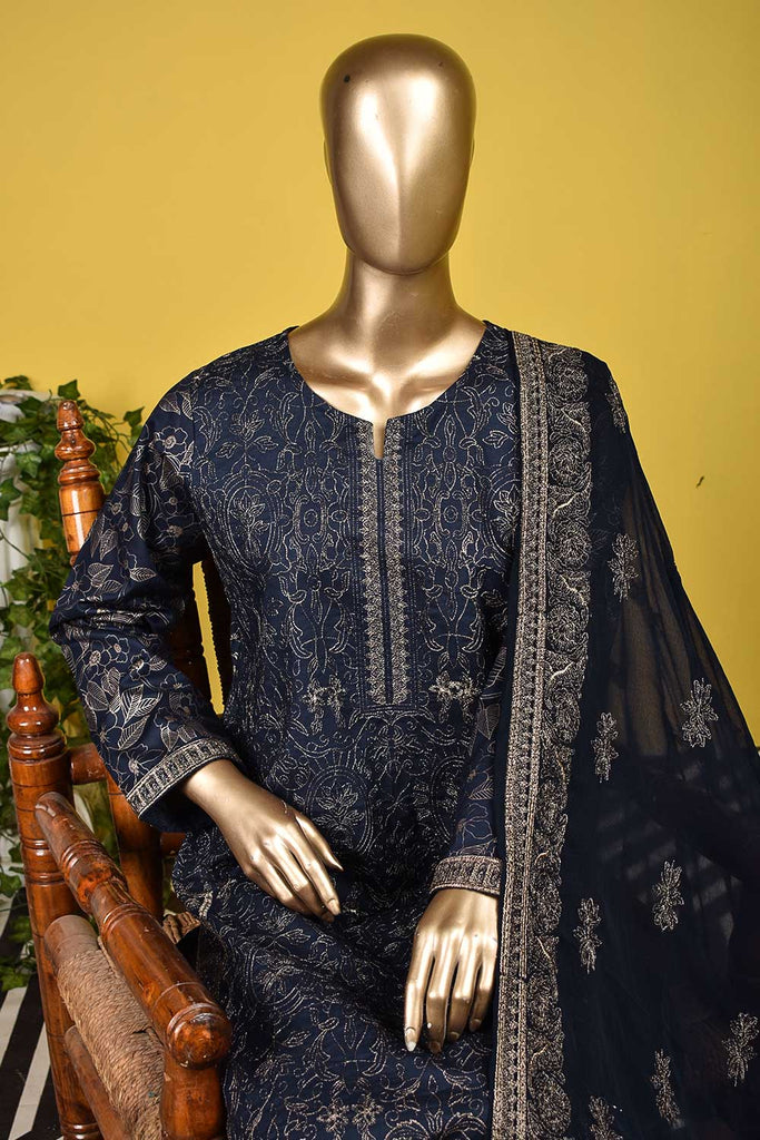 Monarch Gold (SC-129B-Blue) Embroidered & Printed Un-Stitched Cambric Dress With Embroidered Chiffon Dupatta