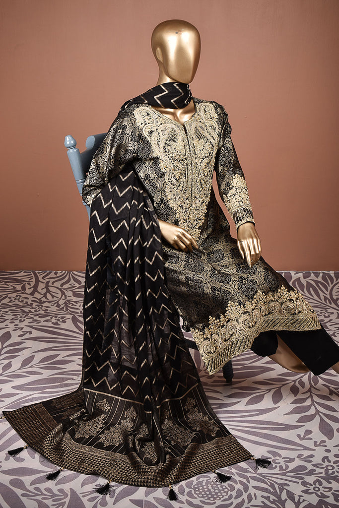 Moti Mahal (SC-158B-Black) Embroidered & Printed Un-Stitched Banarsi Lawn Dress With Handwork With Printed Banarsi Lawn Dupatta