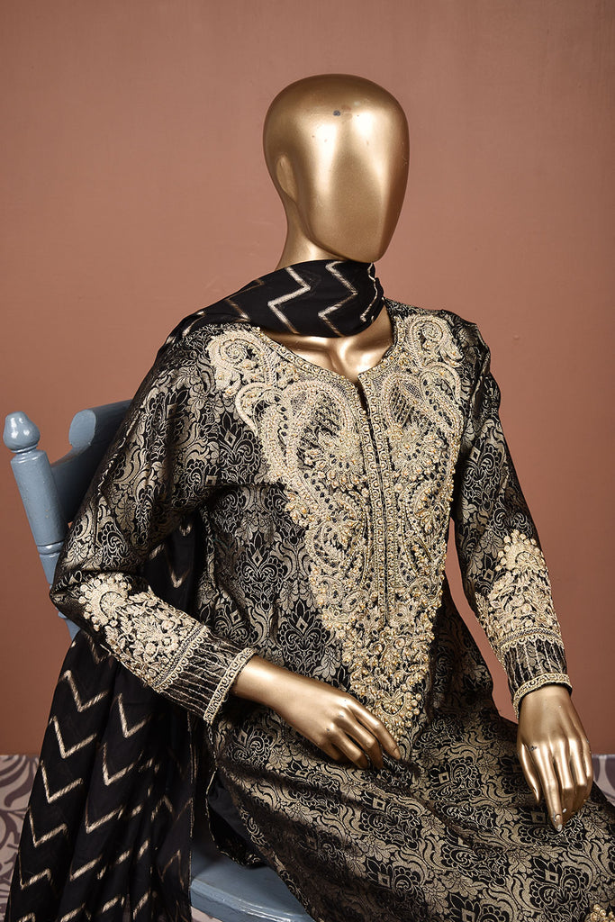 Moti Mahal (SC-158B-Black) Embroidered & Printed Un-Stitched Banarsi Lawn Dress With Handwork With Printed Banarsi Lawn Dupatta