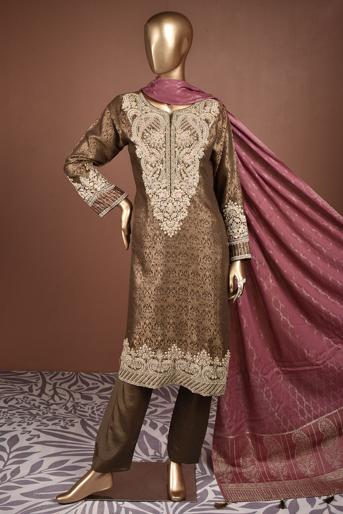 Moti Mahal (SC-158C-Brown) Embroidered & Printed Un-Stitched Banarsi Lawn Dress With Handwork With Printed Banarsi Lawn Dupatta
