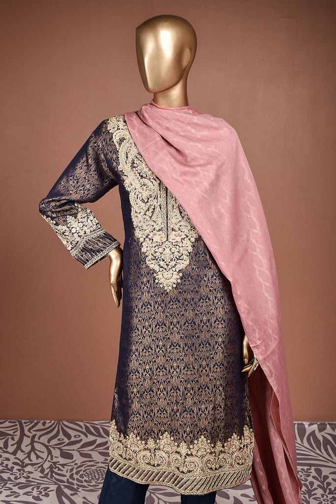 Moti Mahal (SC-158E-NavyBlue) Embroidered & Printed Un-Stitched Banarsi Lawn Dress With Handwork With Printed Banarsi Lawn Dupatta