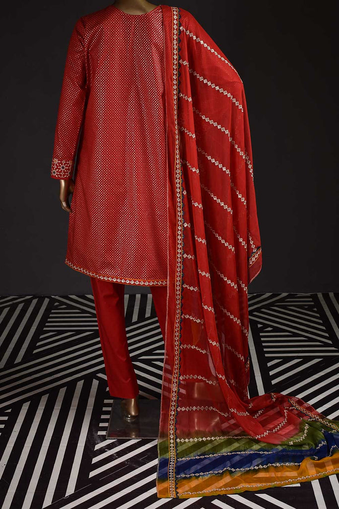 Multi Polka (SC-125A-Red) Embroidered & Printed Un-Stitched Cambric Dress With Embroidered Chiffon Dupatta