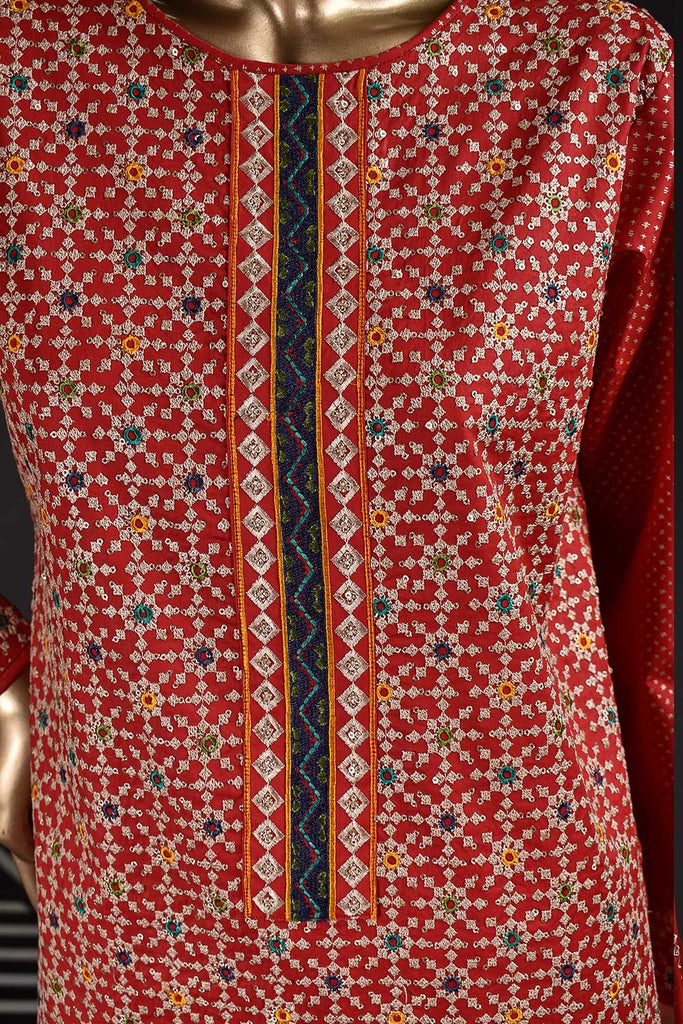 Multi Polka (SC-125A-Red) Embroidered & Printed Un-Stitched Cambric Dress With Embroidered Chiffon Dupatta