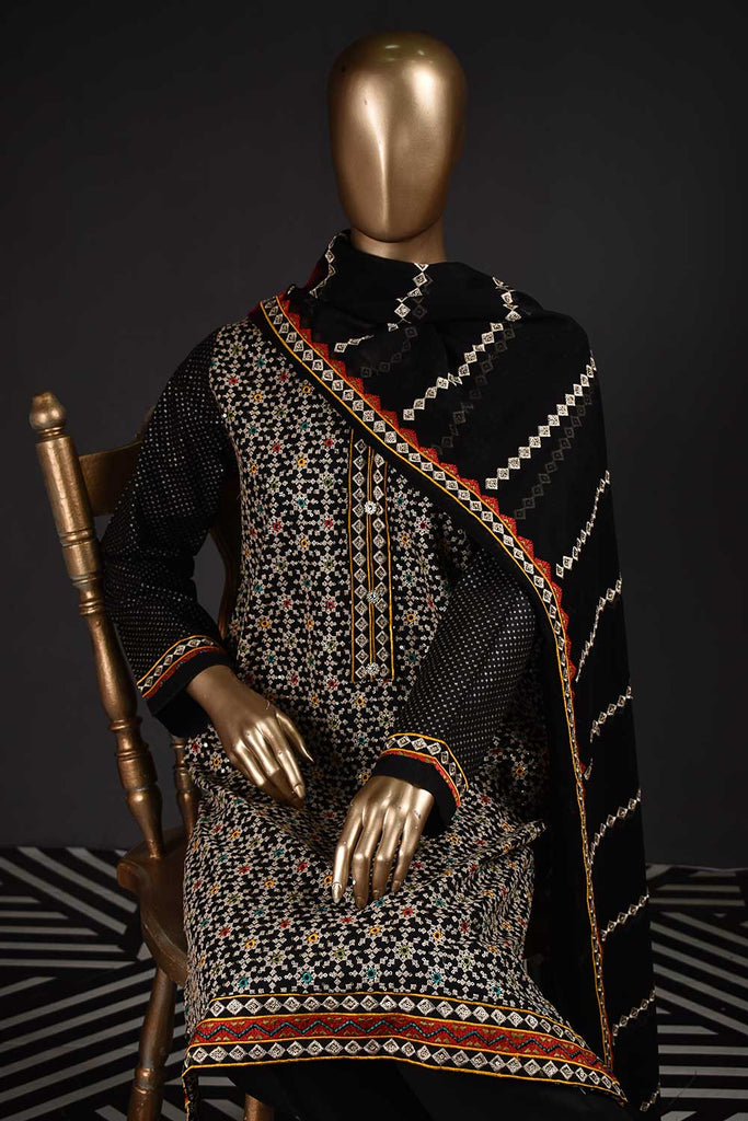 Multi Polka (SC-125B-Black) Embroidered & Printed Un-Stitched Cambric Dress With Embroidered Chiffon Dupatta