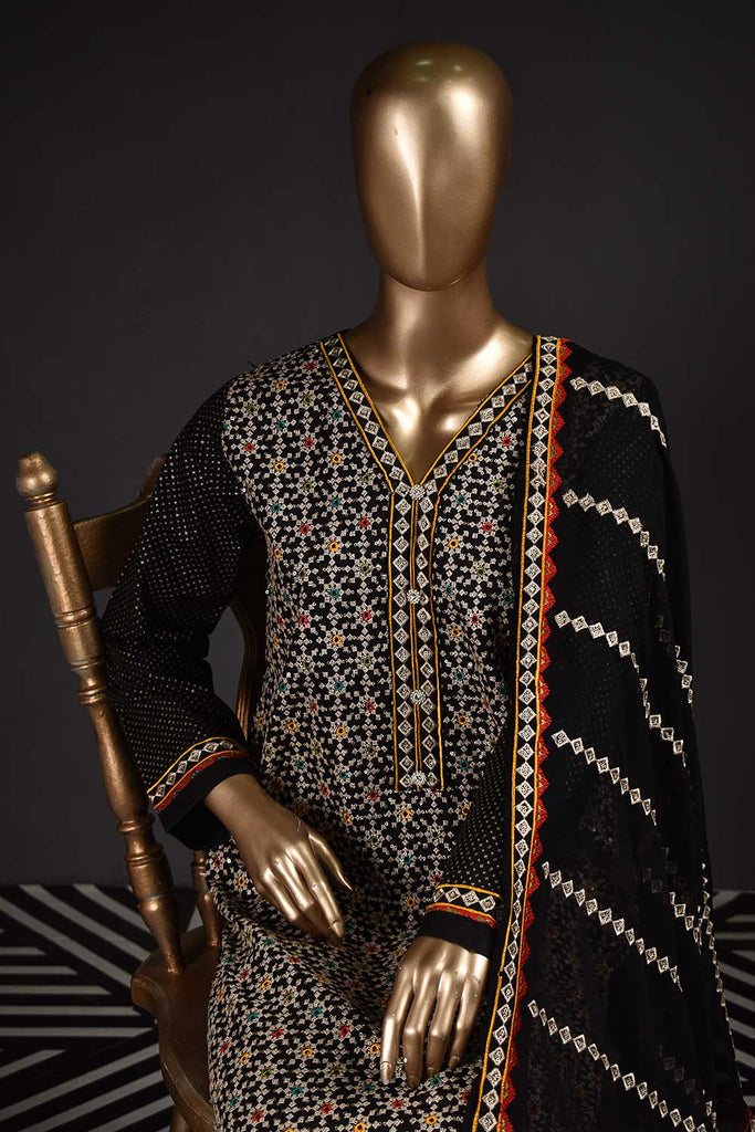 Multi Polka (SC-125B-Black) Embroidered & Printed Un-Stitched Cambric Dress With Embroidered Chiffon Dupatta
