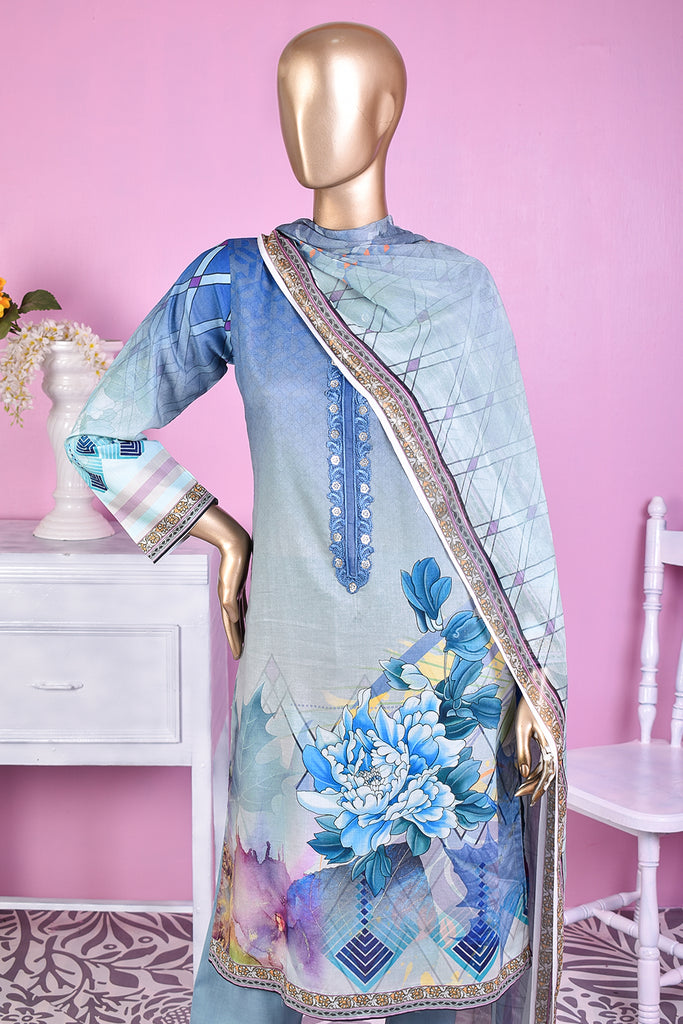 NE-03 - 3 Pc Unstitched Digital Embroidered Lawn Dress With Digital Bamber Chiffon Dupatta (Sequence 3D Work On Dupatta)