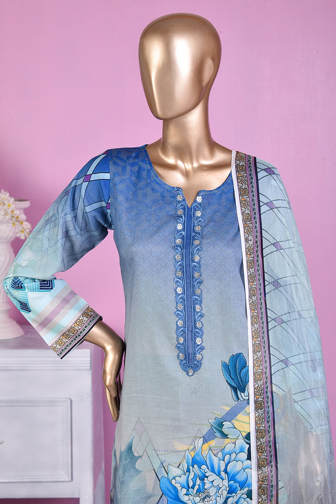 NE-03 - 3 Pc Unstitched Digital Embroidered Lawn Dress With Digital Bamber Chiffon Dupatta (Sequence 3D Work On Dupatta)