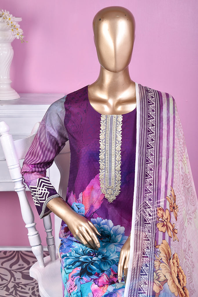 NE-04 - 3 Pc Unstitched Digital Embroidered Lawn Dress With Digital Bamber Chiffon Dupatta (Sequence 3D Work On Dupatta)