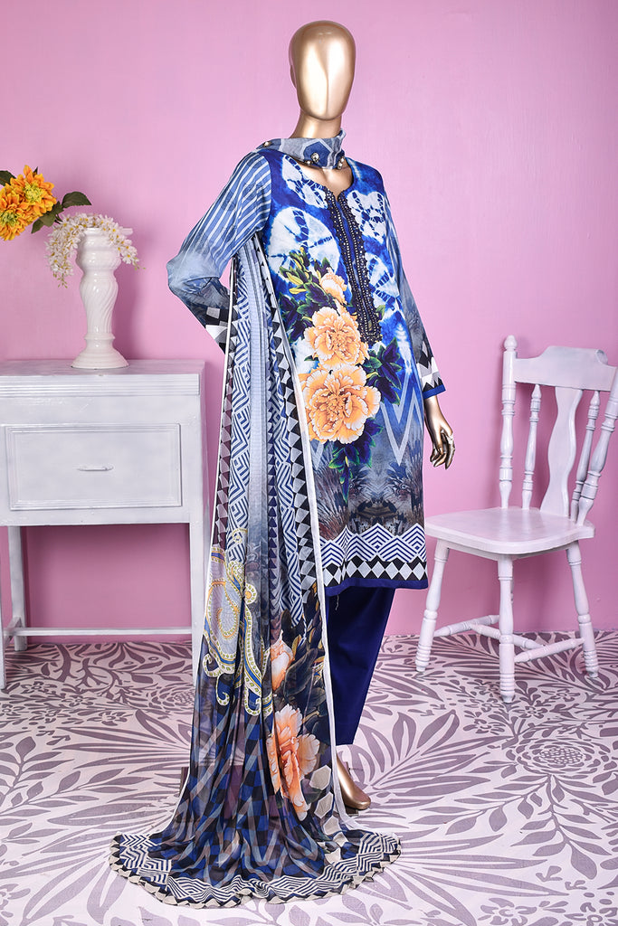 NE-05 - 3 Pc Unstitched Digital Embroidered Lawn Dress With Digital Bamber Chiffon Dupatta (Sequence 3D Work On Dupatta)